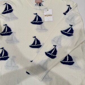 Show Me Your MuMu White and Blue Crewneck Sweater with Sailboat Pattern